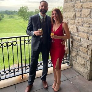 Red V-neck midi wedding guest dress